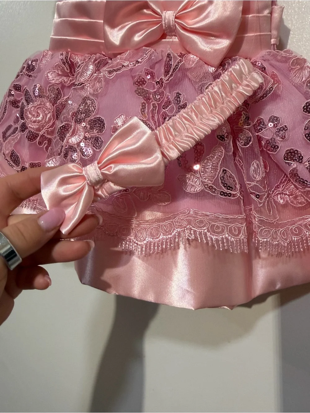 SHANIL Baby Girl Pink Sequin Floral Special Occasion Dress + Headband 3m